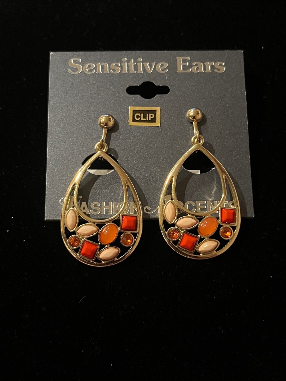 Gold Teardrop Clip-On Earrings with Orange and Peach Accents